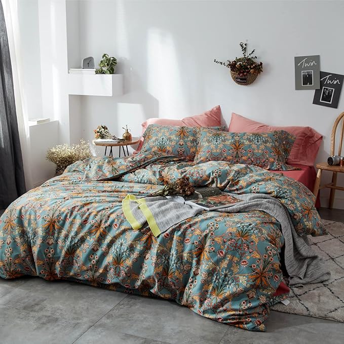 mixinni Vintage Floral Duvet Cover Twin XL Boho Bedding Soft Cotton Flower Pattern Bedding Set with Zipper Ties Perfect for Girls,Ultra Soft, Breathable, Comfortable(3pcs, Twin XL Size)
