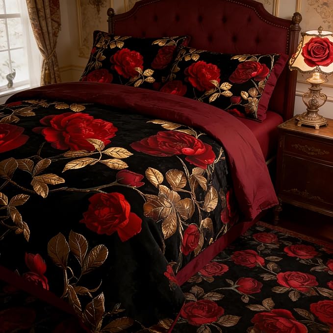 Queen Size Comforter Set - 3 Pieces Red Roses Pattern Vintage Floral Bedding for Adult Women Black Flower Decor Comforter Set with 2 Pillowcases/90 * 90