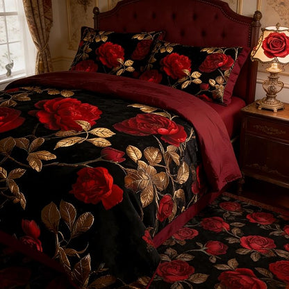 Queen Size Comforter Set - 3 Pieces Red Roses Pattern Vintage Floral Bedding for Adult Women Black Flower Decor Comforter Set with 2 Pillowcases/90 * 90