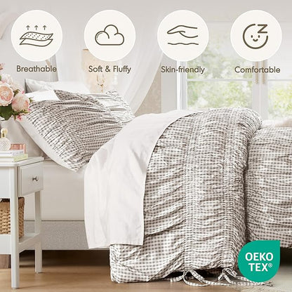Intelligent Design Ella Queen Comforter Set – Ruched Gingham Shabby Chic Bedding, Bow-Tie Detail, All Season Lightweight 3 Piece Bedding Set, Sham, Full/Queen, Brown