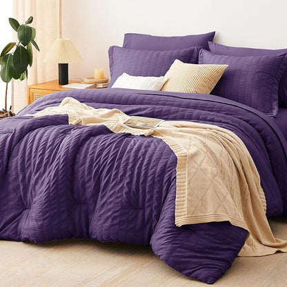 CozyLux King Size Comforter Set Purple Seersucker 7 Pieces Bed in a Bag King Comforter Set with Sheets, Luxury Soft Bedding Sets with Down Alternative Comforter, Sheets, Pillowcases & Shams All Season