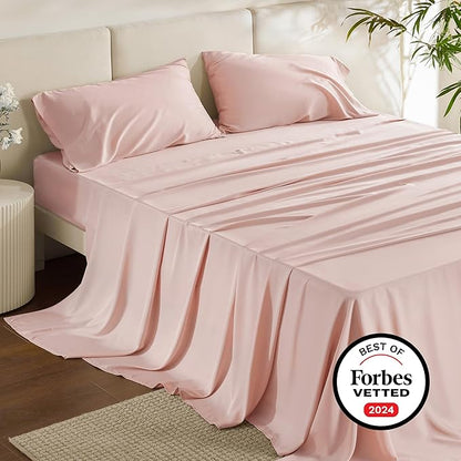 Bedsure King Size Sheets Set, Cooling Sheets for Hot Sleepers, Rayon Derived from Bamboo, PureWoven, Breathable & Soft, Deep Pocket Up to 16 Inches, Hotel Luxury Silky Bedding, Pink