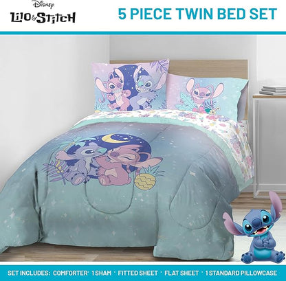 Jay Franco Disney Lilo and Stitch Twin Size Comforter Set - 5 Piece Floral Bedding Includes Sheet Set & Pillow Covers Features Angel - Super Soft Purple & Teal Stars Kids Bedding