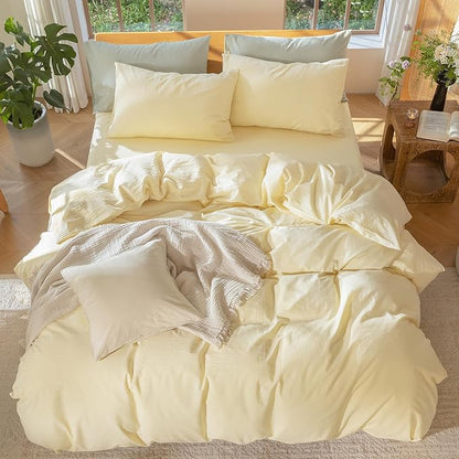 MooMee Bedding Duvet Cover Set 100% Washed Cotton Linen Like Textured Breathable Durable Soft Comfy (Heathered Butter Yellow, Super Queen 90"x98")