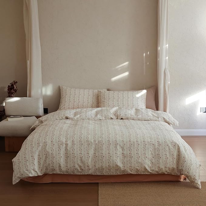 Floral Comforter Queen Size Set Cotton Boho Bedding Set Fluffy Girls Down Alternative All Season Bedding Comforter Sets Cozy Light Weight Cute Farmhouse Bed Comforter with 2 Pillowcases