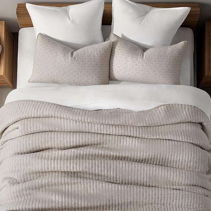 EVERGRACE Cross Stitch Pre-Washed Cotton Quilt Bedding Set Queen Size, Oversized 3 Pieces Lightweight Bedspread Coverlet for All Season, with 2 Matching Shams, Taupe, 92"x96"