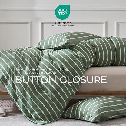 JELLYMONI Cotton Duvet Cover Queen Size - Green Striped Comforter Cover with Button 100% Washed Cotton 3PCS Breathable Soft Solid Bedding Set Duvet Cover 90×90in & 2 Pillowcases (NO Comforter)