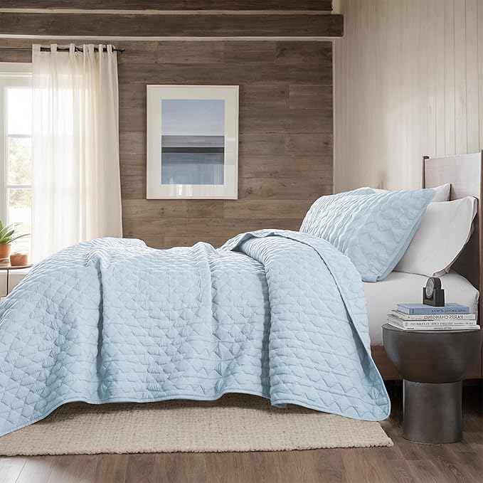 WDCOZY Light Blue Quilt King Size Bedding Set with 2 Pillow Shams, Lightweight Soft Bedspread Coverlet, Thin Comforter Bed Cover for All Season, 3 Pieces, 104x90 inches