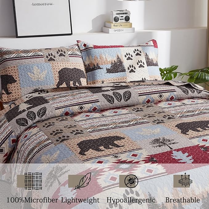 Rustic Full/Queen Size Quilt Set - Home Lodge Bedding Set with Plaid Quilts, Lightweight Reversible Bedspread Coverlet Wildlife Moose Pine Tree Bedding, and 2 Pillow Shams Decor