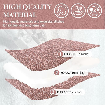 SahSahCasa Quilt Set Queen Size, 100% Cotton Quilt Bedding Set Bedspread, Botanical Pattern Solid Color Chic Lightweight Quilted Comforter for Queen Bed, White/Old Rose, All Season, 3 Pieces