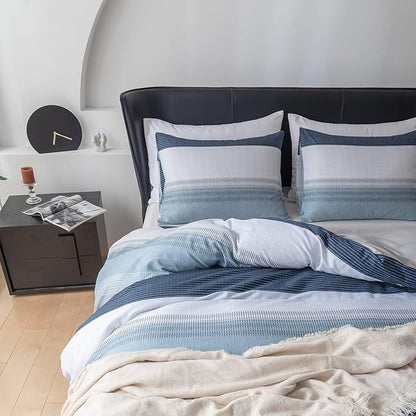 EAVD Cotton Duvet Cover Set Queen White Gray Blue Striped Duvet Cover Modern Geometric Striped Bedding Set for Boys Girls Women Men Blue Striped Queen Duvet Cover with Zipper Closure