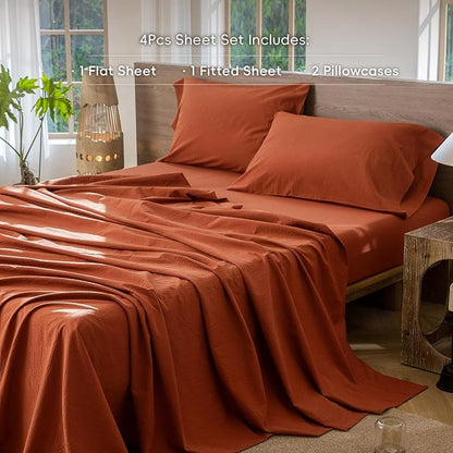 MooMee Bedding Sheet Set 100% Washed Cotton Linen Like Textured Breathable Durable Soft Comfy (Solid Rust Brown, Full)