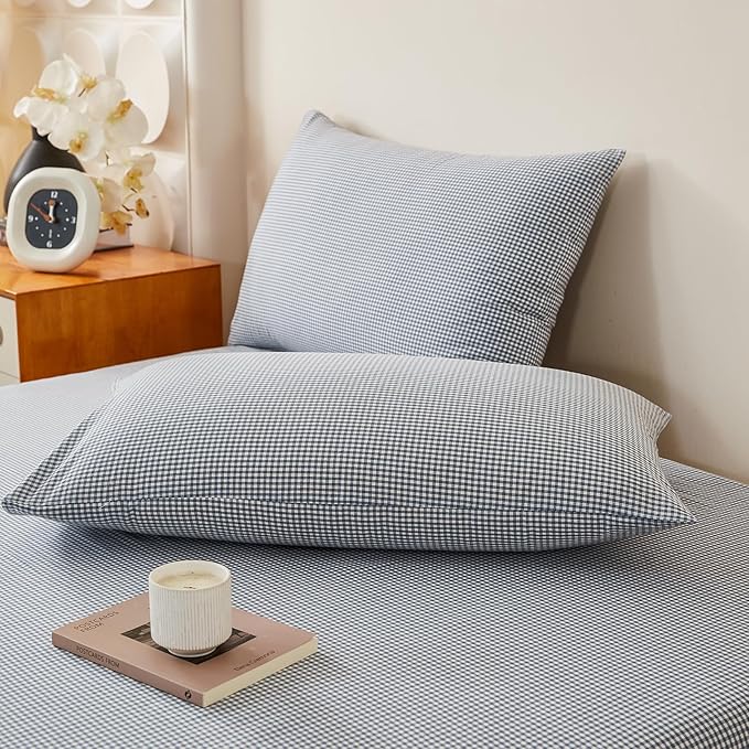 EAVD Modern Style Gingham Duvet Cover Twin Soft 100% Washed Cotton Blue and White Plaid Duvet Cover Set with 2 Pillowcases Reversible Farmhouse Geometric Checkered Bedding Set with Zipper