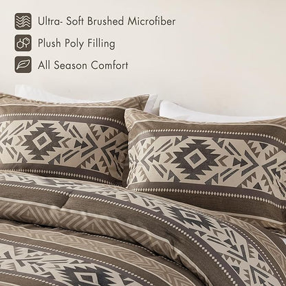 Madison Park Queen Comforter Set, Stripes Herringbone Southwestern Boho Comforters Queen Size, All Season Lightweight & Fluffy Microfiber Bed Set, 2 Décor Pillows, Mariposa, Full/Queen Brown 5 Piece