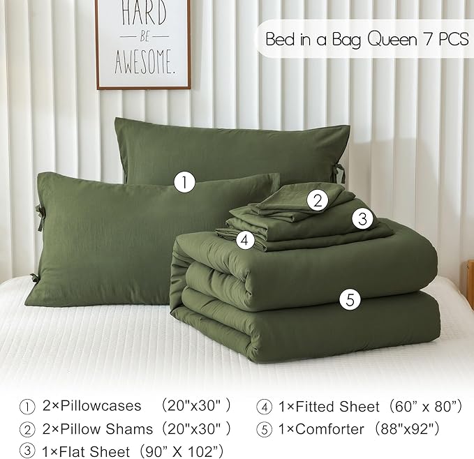 COTTEBED Ultra-Soft Bed Sets Queen with Comforter and Sheets - All Season Use 7 Pieces Bed in a Bag, Aesthetic Boho Washed PolyCotton QUEEN Comforter and Bedding Sheet Set Pillowcase, Dark Olive Green
