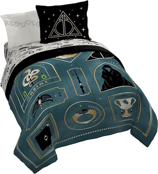 Jay Franco Kids Comforter Set Includes Sheets and Pillow Covers - Soft and Cozy Bed Set for Stylish Room Decor, Blue - Harry Potter, 7 Piece Queen Size Bedding