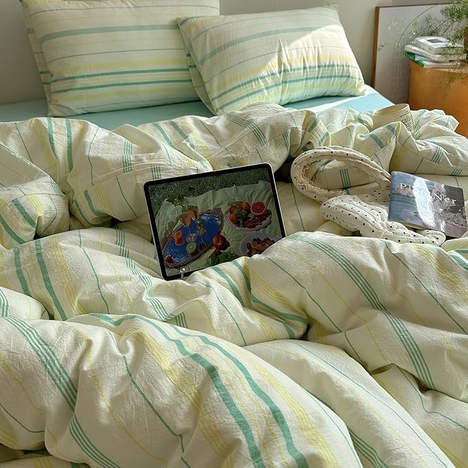 EAVD Vintage Striped Comforter Set Twin XL Soft Cotton 3-Piece Boho Bedding Set with 2 Pillowcases Retro Yellow-Green Vertical Stripes Geometric Comforter Set for All-Season