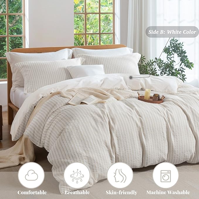 MILDLY Linen Grey Striped Duvet Cover - 100% Washed Cotton Jacquard Boho Textured Comforter Cover 2pcs with Corner Ties Zipper Closure 68"x90"