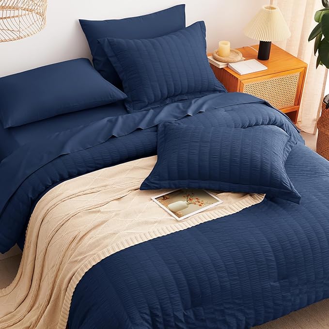 CozyLux Oversized Queen Comforter Set Navy Blue Seersucker 7 Pieces 98x98 Bed in a Bag Comforter Set with Sheets, Luxury Soft Bedding Sets with Down Alternative Comforter, Sheets, Pillowcases & Shams