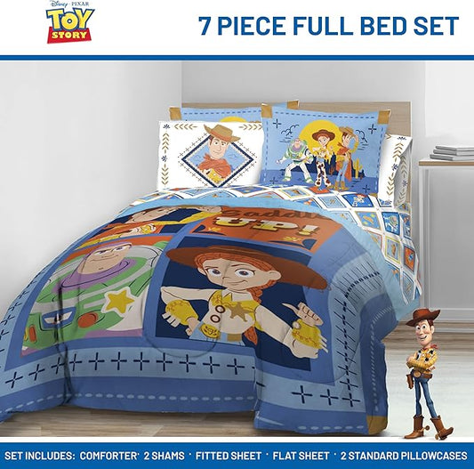 Jay Franco Kids Comforter Set Includes Sheets and Pillow Covers - Soft and Cozy Bed Set for Stylish Room Decor, Official Licensed Bedding, Blue - Toy Story, 7 Piece Full
