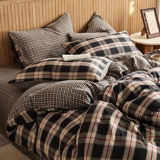 EAVD Vintage Red&Black Plaid Duvet Cover King Soft 100% Cotton Muslin Gauze Red Green Black Grid Checkered Bedding Set with 2 Pillowcases Reversible Gingham Duvet Cover with Zipper Closure