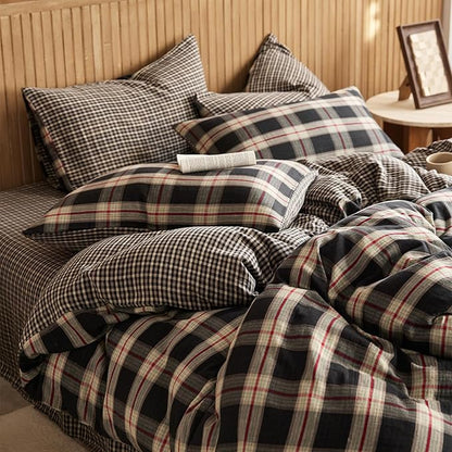 EAVD Vintage Red&Black Plaid Duvet Cover King Soft 100% Cotton Muslin Gauze Red Green Black Grid Checkered Bedding Set with 2 Pillowcases Reversible Gingham Duvet Cover with Zipper Closure