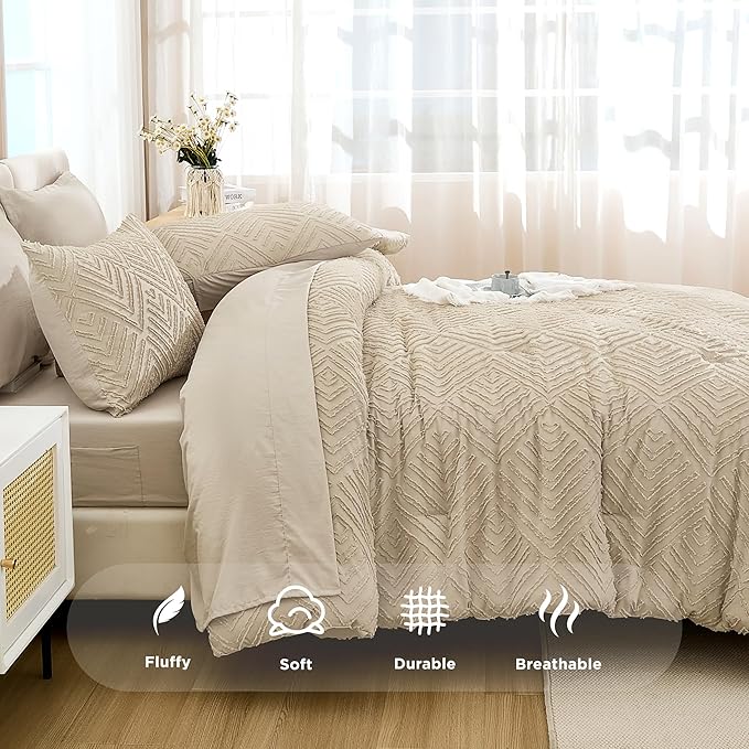 Andency Bed in a Bag Queen Khaki- 7 Pieces Queen Comforter Set Bedding Comforter Sets, Tufted Lightweight Fluffy Bed Set with Comforter, Sheets, Pillowcases & Shams for All Season