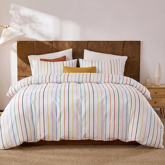 Merryword Rainbow Striped Duvet Cover Set Queen Size, 100% Cotton Bedding Set with Zipper Closure & 8 Corner Ties, Luxury Linen Like Bedding, Soft Breathable Comforter Cover for All Seasons