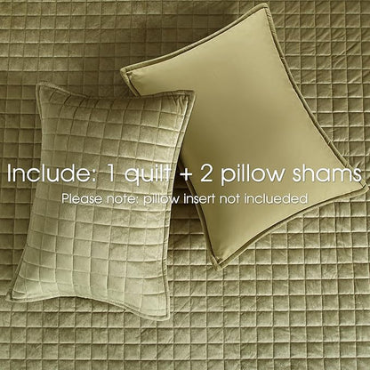 Powdion Velvet Quilt Queen,Luxury Olive Green Quilt Comforter Queen Size 3 Pieces Soft Cozy Oversized Bedspreads Coverlet for All Seasons with 2 Pillow Shams,90x90 Shabby Chic Green Quilt Set