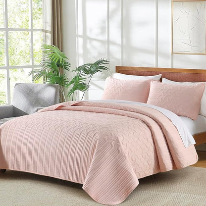 Yiran Blush Pink Quilt Set Queen Size, 3 Piece Reversible Bedspreads Bedding Set, Fall Wave Striped Pattern Coverlet for All Season with 2 Pillow Shams (Full/Queen, 96x90 Inch)