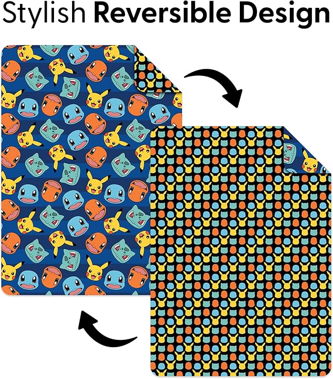 Northwest Pokemon Striped Favorites Twin Quilted Blanket, Cozy Fantasy Bedding for Gamers, Kids & Adults, Throw for Bedroom, Sofa, or Game Room Décor, 60 x 90 Inches