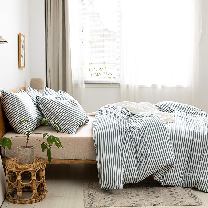 JELLYMONI 100% Natural Cotton 3pcs Striped Duvet Cover Sets,White Duvet Cover with Grayish Blue Stripes Pattern Printed Comforter Cover,with Zipper Closure & Corner Ties(Queen Size)