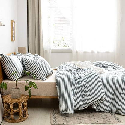 JELLYMONI 100% Natural Cotton 3pcs Striped Duvet Cover Sets,White Duvet Cover with Grayish Blue Stripes Pattern Printed Comforter Cover,with Zipper Closure & Corner Ties(Full Size)