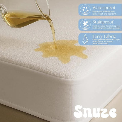 Snuze Soft Terry Mattress Protector – Queen Size, Waterproof Cover – Soft, Breathable, Machine Washable, Fits Up to 20” Deep Mattress