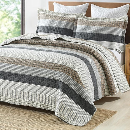 PANGUSHAN 100% Cotton Quilt Set Queen Size, Patchwork Queen Quilt Bedding Set Bedspreads, Farmhouse Lightweight Comforter Reversible Quilt, White/Brown/Grey Bed Spread for All Season, 3 Pieces
