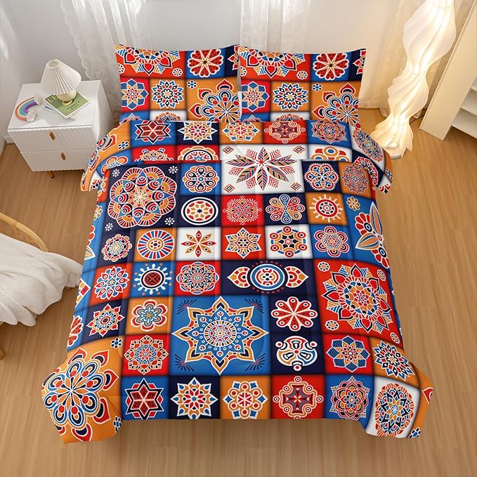 Modern Bohemia Comforter Sets Twin Size,Square Montage Pattern Bedding Set for Your Room,Abstract Soft Lightweight Quilted Set All Season 1 Comforter and 2 Pillowcases