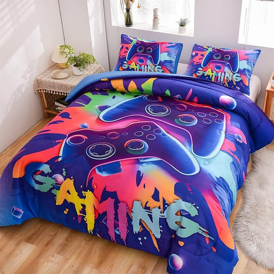 Aimuan Gaming Comforter Sets for Boys Kids Bedding Sets Video Games Console Action Buttons Novelty Colorful Game Gamepad Controller Modern Gamer Room Decor Home Quilt Set (Twin, Purple)