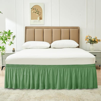 Biscaynebay Wrap Around Bed Skirts for King & Cal King Beds 16" Drop, Sage Adjustable Elastic Dust Ruffles Easy Fit Wrinkle Resistant Silky Luxurious Fabric Machine Washable