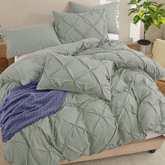 VACVELT 5 Piece Pinch Pleated Duvet Cover King Size Set, Light Gray Pintuck Duvet Cover with Zipper & 8 Ties, Shabby Chic Microfiber + 2 Pillow Shams + 2 Pillowcases, No Comforter