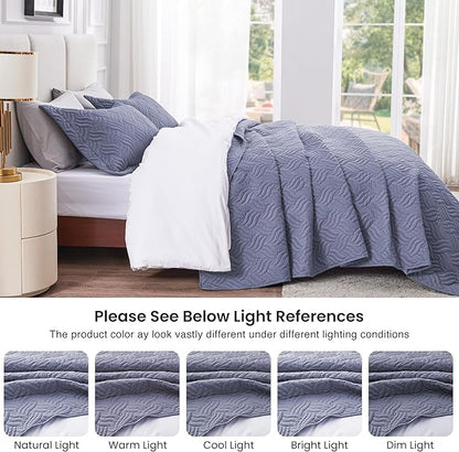Love's cabin California King Size Quilt Bedding Set Blue Bedspread - Cal King Summer Lightweight Bedspread Comforter - Wave Pattern Coverlet for All Season - 3 Pieces (1 Quilt, 2 Pillow Shams)