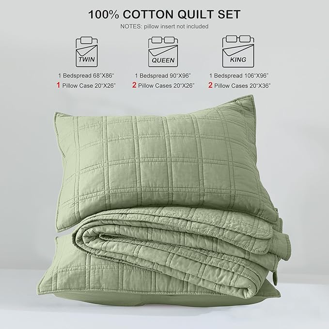HORIMOTE HOME 100% Cotton Quilt Set King Size, Sage Green Pre-Washed Bedspreads Coverlet Set in Geometric Pattern, Cozy Lightweight Stitching Decorative Bedding Cover with 2 Shams for All Season