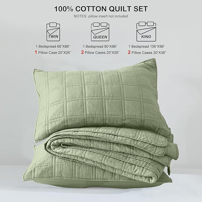 HORIMOTE HOME 100% Cotton Quilt Set Queen Size, Sage Green Pre-Washed Bedspreads Coverlet Set in Geometric Pattern, Cozy Lightweight Stitching Decorative Bedding Cover with 2 Shams for All Season