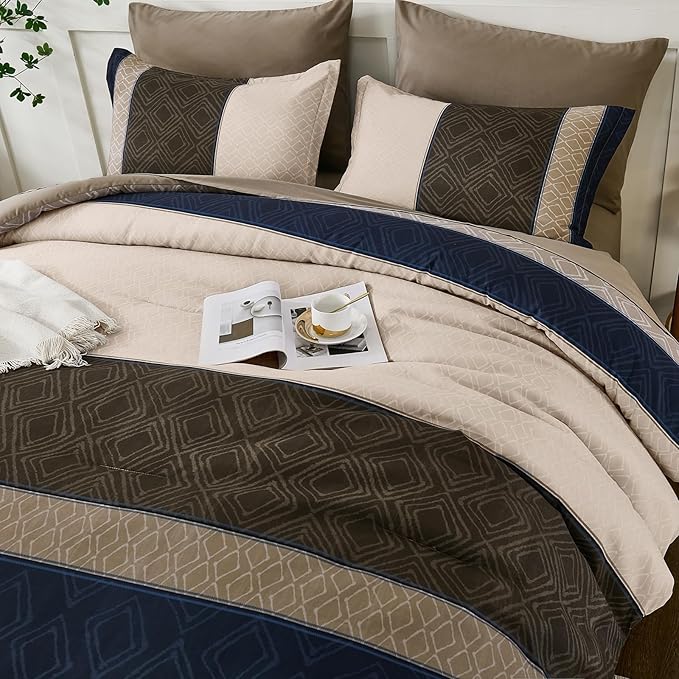 Dinjoy Navy Brown King Size Comforter Set,Striped Boho Bed in a Bag King 7 Pieces Soft Fall Bedding Comforters Sets wiht Sheets Microfiber Complete Bed Sets for All Season