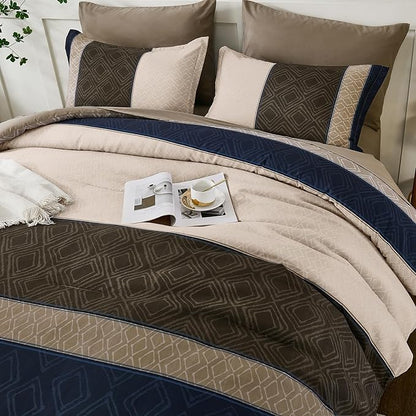 Dinjoy Navy Brown King Size Comforter Set,Striped Boho Bed in a Bag King 7 Pieces Soft Fall Bedding Comforters Sets wiht Sheets Microfiber Complete Bed Sets for All Season