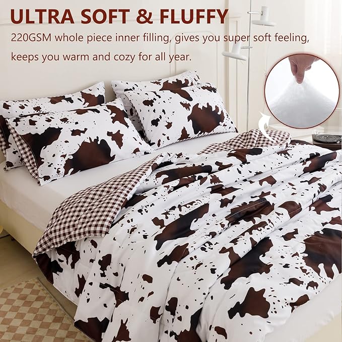 PERFEMET 3 Pieces Boys Twin Comforter Set, Brown White Cow Print Kids Bedding Set with Pillowcases, Geometric Reversible Western Style Bed Set for Teen Boy (Brown White, Twin)