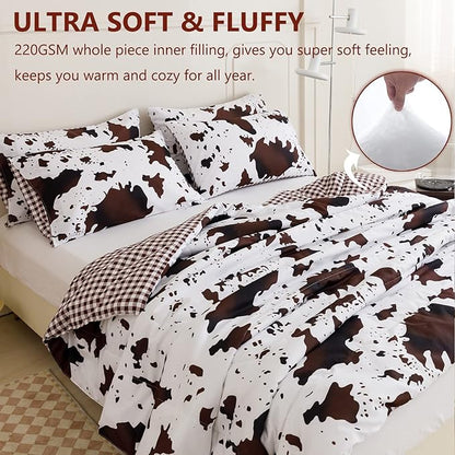 PERFEMET Queen Size Cow Print Bedding Comforter Set, Brown White Cowhide Western Comforter Sets, Geometric Checkered Reversible Cowboy Quilt Set (Brown White, Queen)