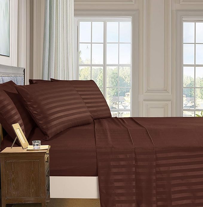 Elegant Comfort Best, Softest, Coziest 6-Piece Sheet Sets! - 1500 Premier Hotel Quality Luxurious Wrinkle Resistant 6-Piece Damask Stripe Bed Sheet Set, King Chocolate Brown