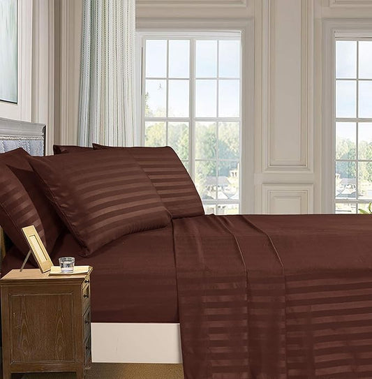 Elegant Comfort Best, Softest, Coziest 6-Piece Sheet Sets! - 1500 Premier Hotel Quality Luxurious Wrinkle Resistant 6-Piece Damask Stripe Bed Sheet Set, King Chocolate Brown