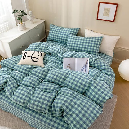 VM VOUGEMARKET Green Gingham Comforter Set Queen,Plaid Comforter with 2 Pillowcases for All Seasons,3 Pcs Modern Simple Grid Bedding Set for Men Women