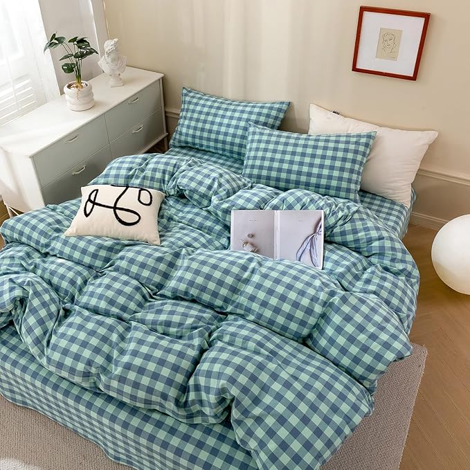 VM VOUGEMARKET Green Plaid Comforter Set Full,Washed Cotton Gingham Comforter with 2 Pillowcases for All Seasons,3 Pcs Modern Simple Grid Bedding Set for Teens